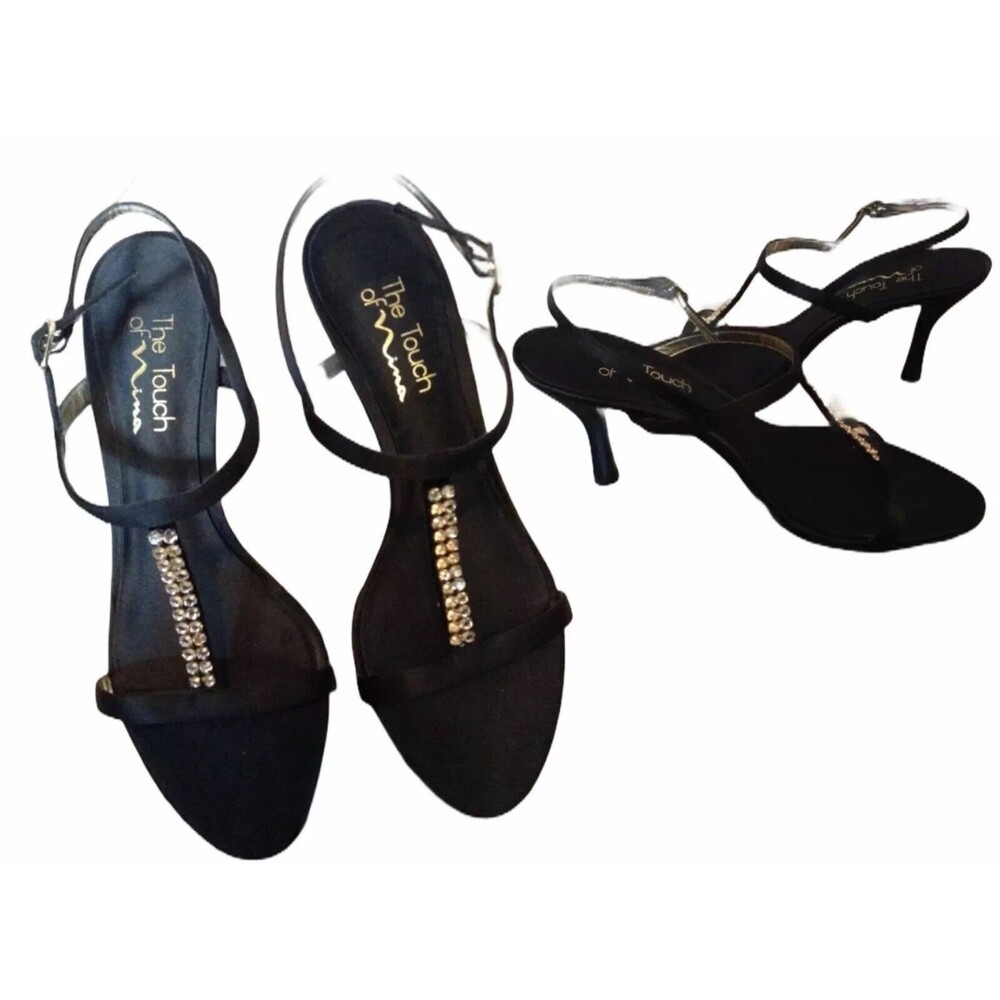 Nina Black T-Strap Sling Back Open Toe Diamond Studded Heels 9